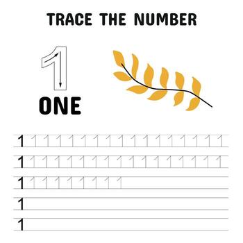 Autumn themed number tracing worksheet for kids with the number 1, the word ONE, a yellow fall leaf branch, and lined practice rows. vector