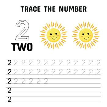 Cute number tracing worksheet for preschoolers learning to write the number 2 with sun illustrations and guided practice lines. vector