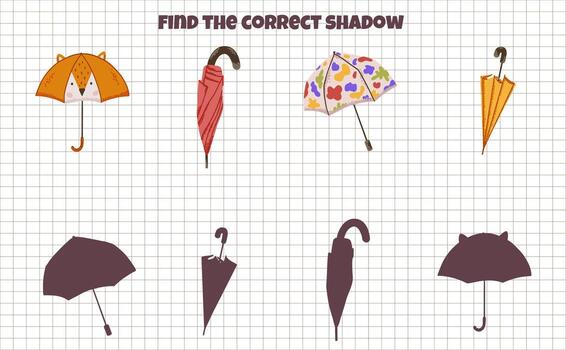 otoño lógica juego encontrar correcto sombra para niños con linda paraguas vector