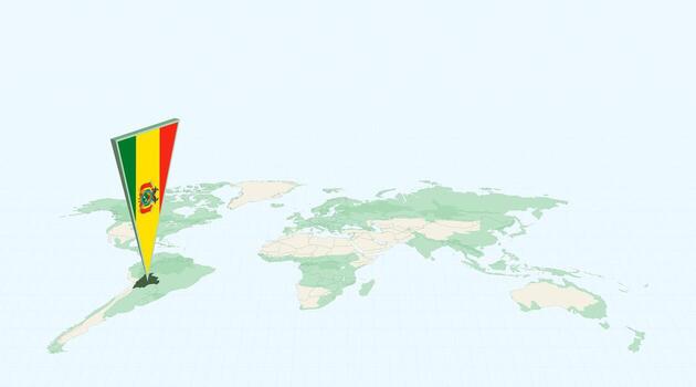 Highlighted Bolivia on Global Map with 3D Flag Location Pin of Bolivia. vector