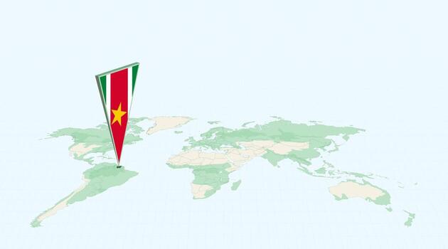 Highlighted Suriname on Global Map with 3D Flag Location Pin of Suriname. vector