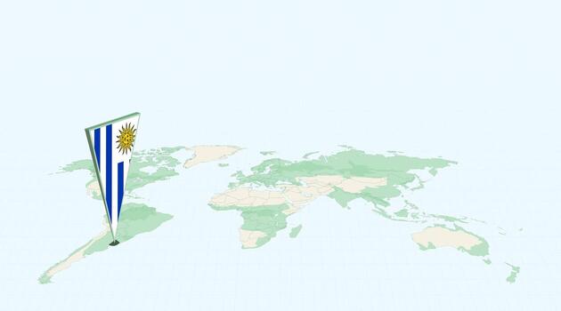 Highlighted Uruguay on Global Map with 3D Flag Location Pin of Uruguay. vector