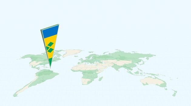 Highlighted Saint Vincent and the Grenadines on Global Map with 3D Flag Location Pin of Saint Vincent and the Grenadines. vector