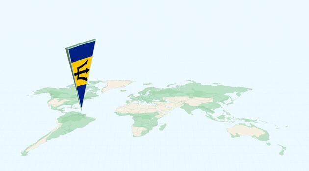 Highlighted Barbados on Global Map with 3D Flag Location Pin of Barbados. vector