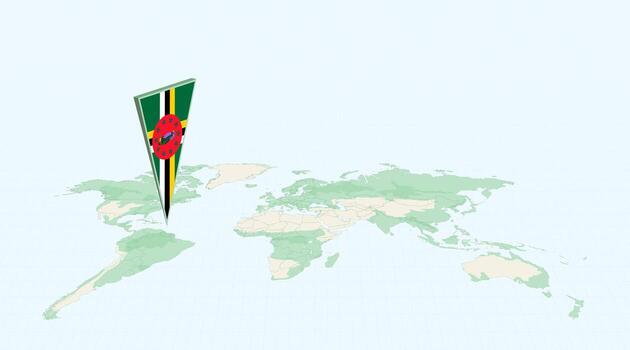 Highlighted Dominica on Global Map with 3D Flag Location Pin of Dominica. vector