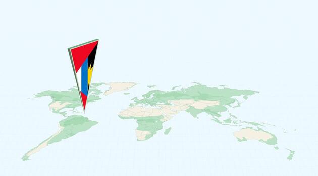 Highlighted Antigua and Barbuda on Global Map with 3D Flag Location Pin of Antigua and Barbuda. vector