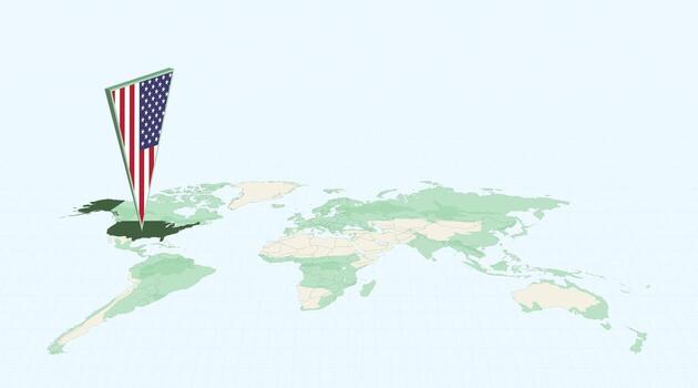 Highlighted USA on Global Map with 3D Flag Location Pin of USA. vector
