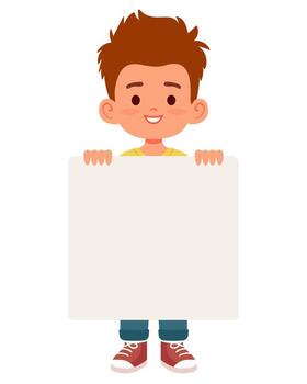 sonriente chico con marrón pelo participación blanco letrero con vacío espacio para texto o gráficos vector