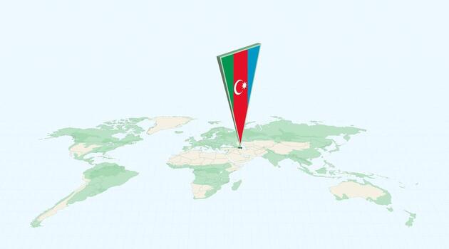 Highlighted Azerbaijan on Global Map with 3D Flag Location Pin of Azerbaijan. vector