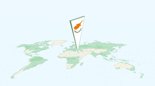 Highlighted Cyprus on Global Map with 3D Flag Location Pin of Cyprus. vector