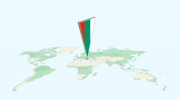 Highlighted Bulgaria on Global Map with 3D Flag Location Pin of Bulgaria. vector