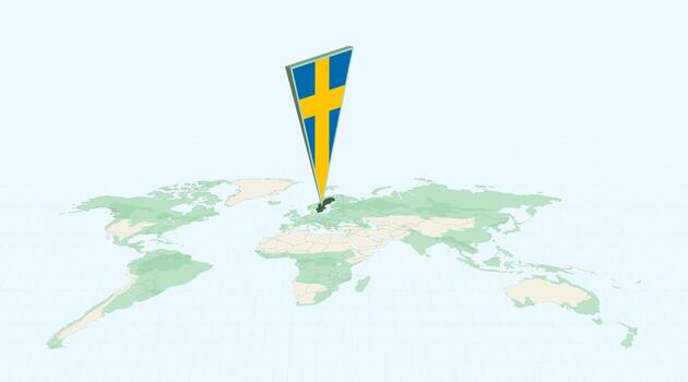Highlighted Sweden on Global Map with 3D Flag Location Pin of Sweden. vector