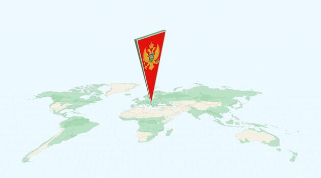 Highlighted Montenegro on Global Map with 3D Flag Location Pin of Montenegro. vector