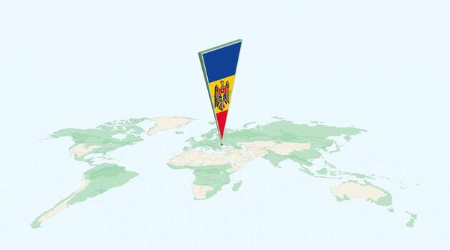 Highlighted Moldova on Global Map with 3D Flag Location Pin of Moldova. vector