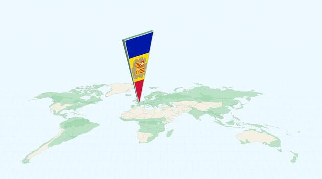 Highlighted Andorra on Global Map with 3D Flag Location Pin of Andorra. vector