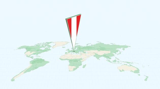 Highlighted Austria on Global Map with 3D Flag Location Pin of Austria. vector