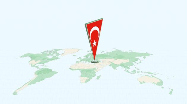 Highlighted Turkey on Global Map with 3D Flag Location Pin of Turkey. vector