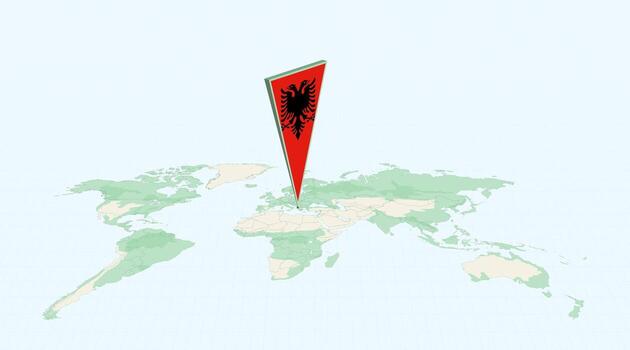 Highlighted Albania on Global Map with 3D Flag Location Pin of Albania. vector