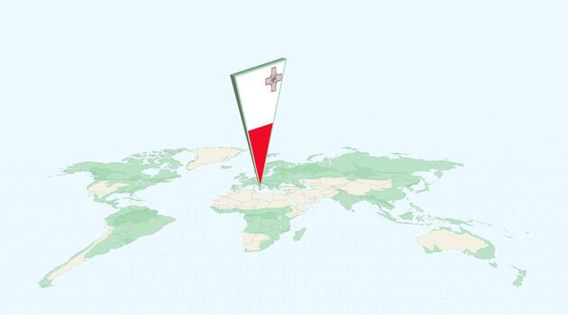 Highlighted Malta on Global Map with 3D Flag Location Pin of Malta. vector