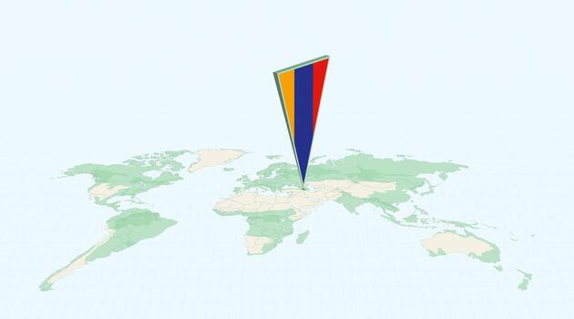 Highlighted Armenia on Global Map with 3D Flag Location Pin of Armenia. vector