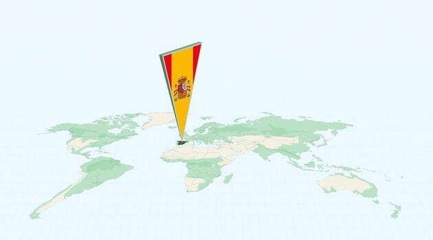 Highlighted Spain on Global Map with 3D Flag Location Pin of Spain. vector
