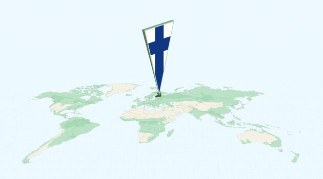 Highlighted Finland on Global Map with 3D Flag Location Pin of Finland. vector