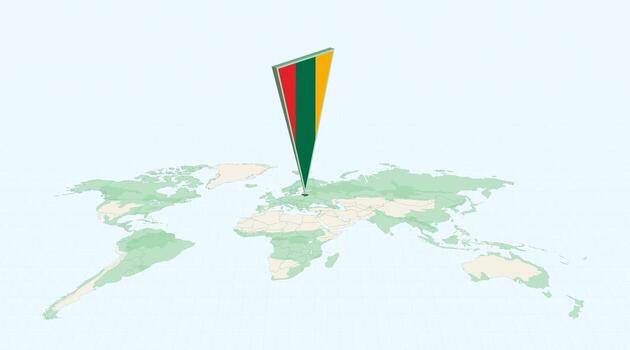 Highlighted Lithuania on Global Map with 3D Flag Location Pin of Lithuania. vector