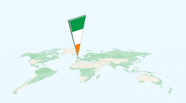 Highlighted Ireland on Global Map with 3D Flag Location Pin of Ireland. vector