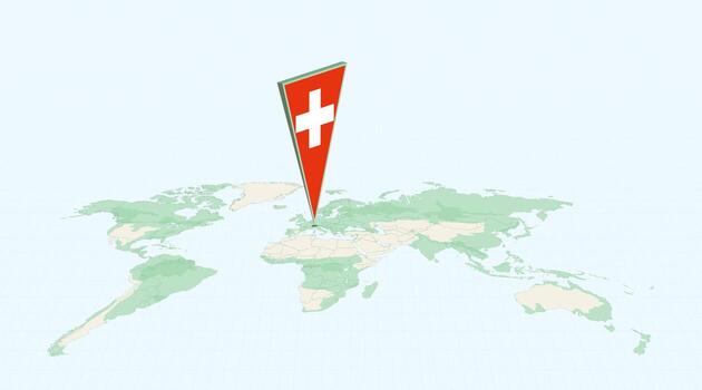 Highlighted Switzerland on Global Map with 3D Flag Location Pin of Switzerland. vector