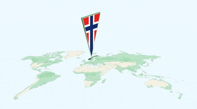 Highlighted Norway on Global Map with 3D Flag Location Pin of Norway. vector
