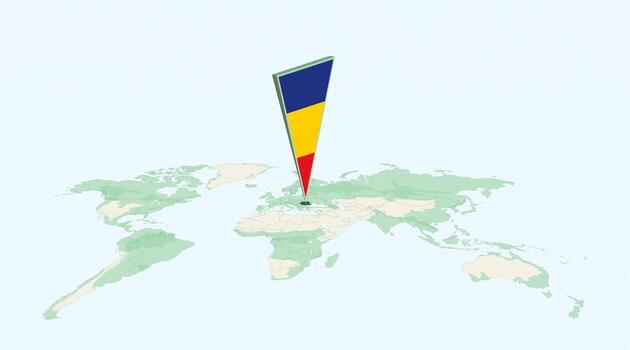 Highlighted Romania on Global Map with 3D Flag Location Pin of Romania. vector
