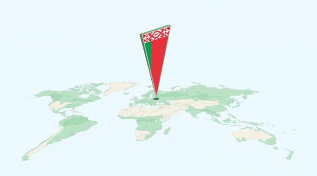 Highlighted Belarus on Global Map with 3D Flag Location Pin of Belarus. vector