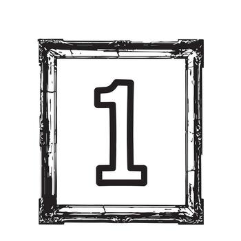 Stylized number 1 inside a distressed grunge square black frame border on white background, ideal for posters, banners, prints, school projects, digital artwork, and typography. vector