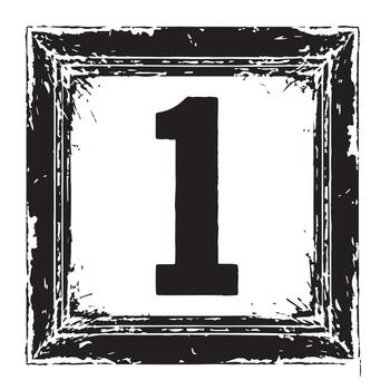 Bold number 1 inside a distressed grunge square black frame border on white background, perfect for posters, banners, prints, school projects, digital artwork, and creative typography. vector