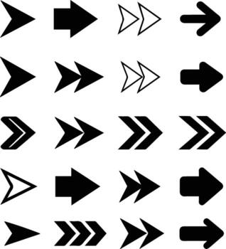 A grid of black arrow icons showcasing different designs, including single pointed, double pointed, and triple pointed arrows, all pointing rightward. vector