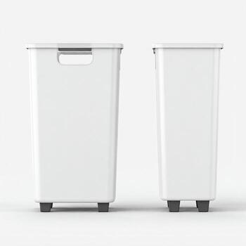 A pair of tall, rectangular white plastic hampers with handles and small dark feet. The items are shown from two different angles, a front view and a side view photo