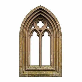 An antique, weathered stone window frame with a pointed arch and detailed tracery, isolated on a clean white background photo