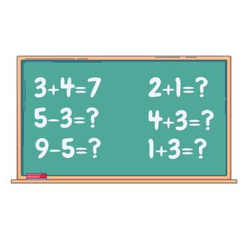 Classroom chalkboard with simple addition and subtraction problems. Cartoon style with bold outlines ideal for education themes, math lessons, worksheets, and school stationery designs. vector