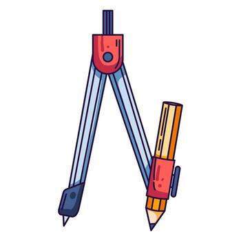 Drawing compass with attached pencil and metal tips. Cartoon style with bold outlines ideal for geometry class, drafting, engineering, architecture, and school stationery designs. vector