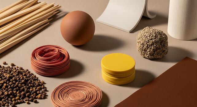 Various materials and objects are arranged on a table photo