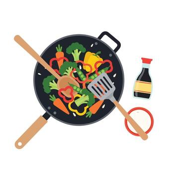 A wok with vegetables and a spatula on it vector