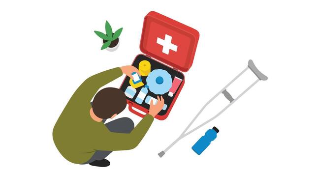 An overhead view of a man with a crutch and first aid kit vector