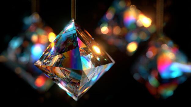 Iridescent crystal prism hanging with rainbow light refraction for home decor and design photo