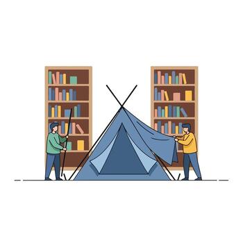 dos personas son ajuste arriba un tienda en frente de un estante para libros vector