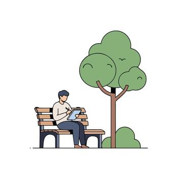 Man sitting on bench reading tablet under tree illustration vector