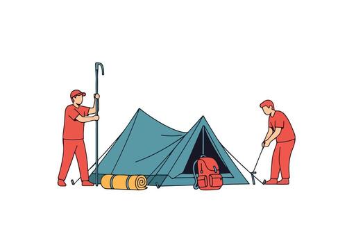 dos hombres son ajuste arriba un tienda en el bosque vector