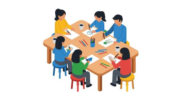 People sitting around a table with a drawing on it vector