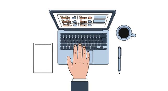 A hand is typing on a laptop computer with a cup of coffee vector