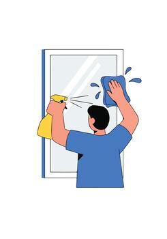 Man cleaning window with spray and rag vector