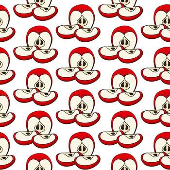 Half of a red apple and two slices. Seamless pattern. vector
